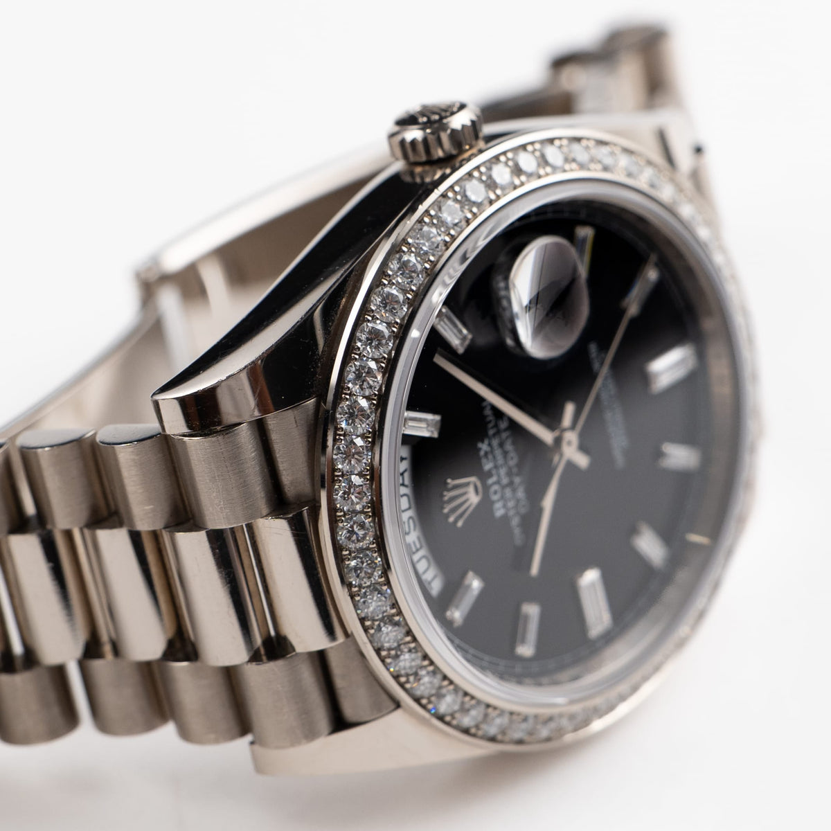Rolex Day-Date 40 228349RBR White Gold Black Diamond Baguette Dial Diamond Bezel (2021)