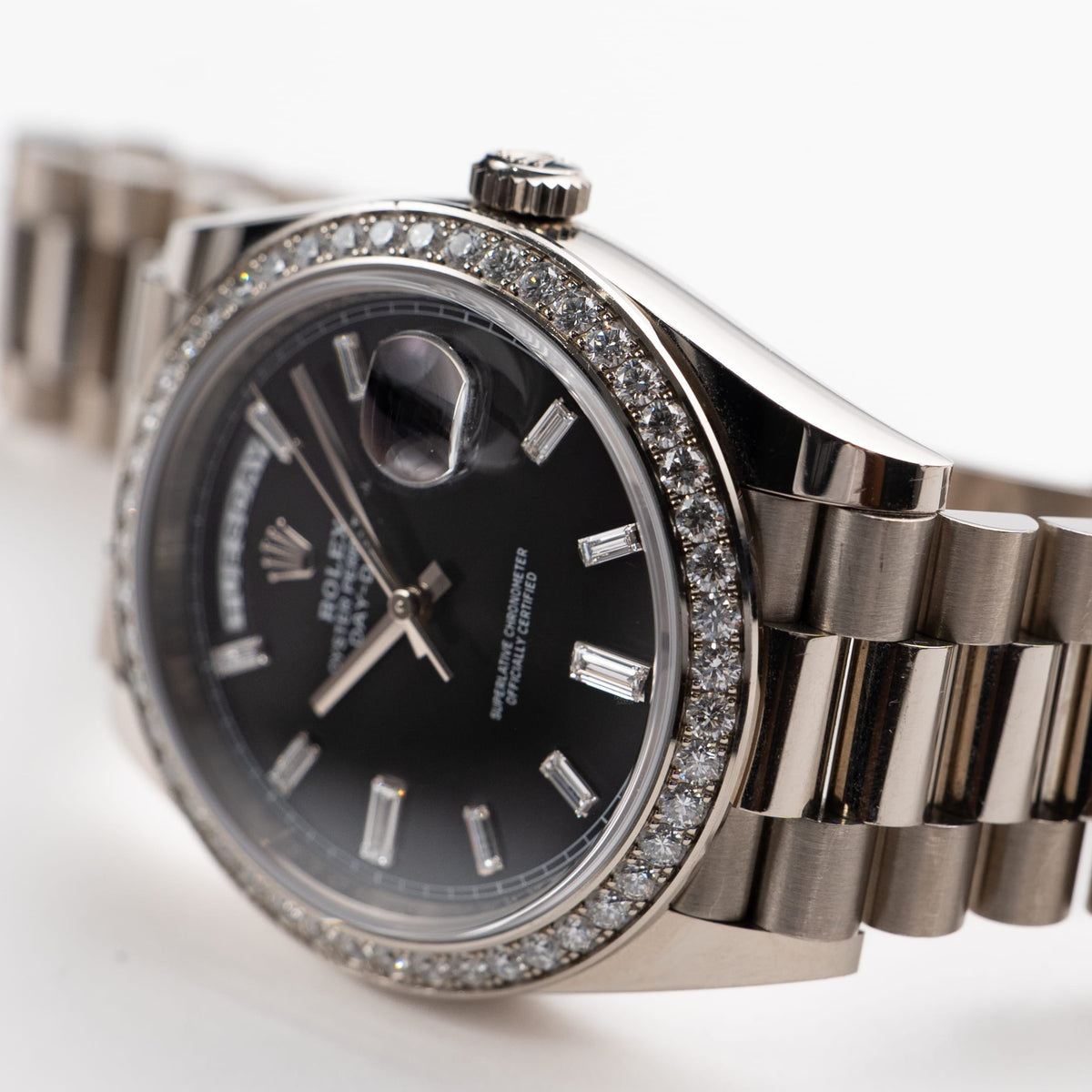 Rolex Day-Date 40 228349RBR White Gold Black Diamond Baguette Dial Diamond Bezel (2021)