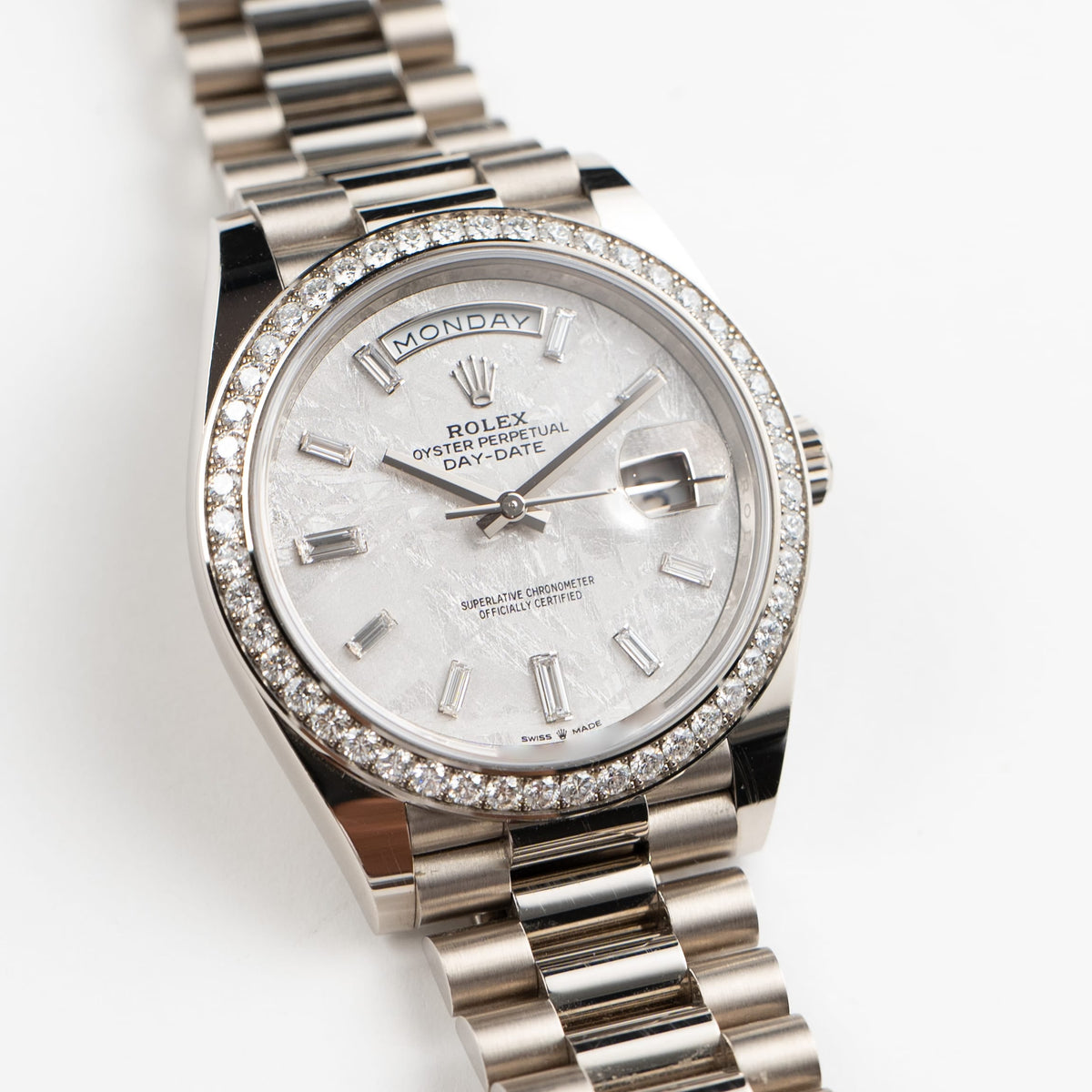Rolex Day-Date 40 228349RBR White Gold Meteorite Diamond Baguette Dial Diamond Bezel (2022)