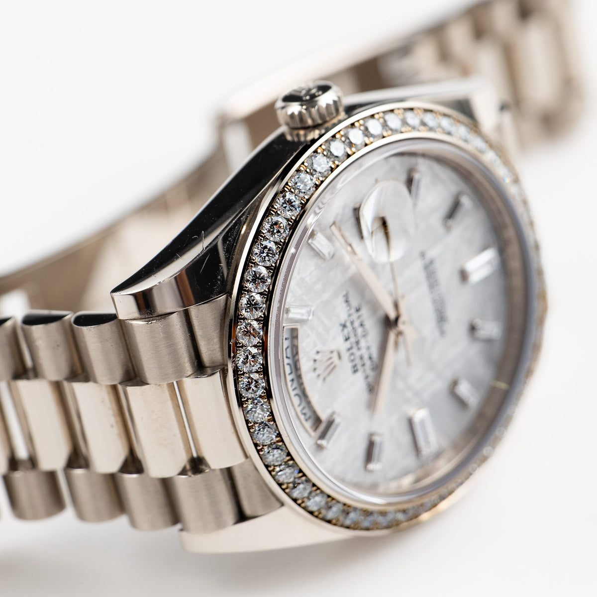Rolex Day-Date 40 228349RBR White Gold Meteorite Diamond Baguette Dial Diamond Bezel (2022)