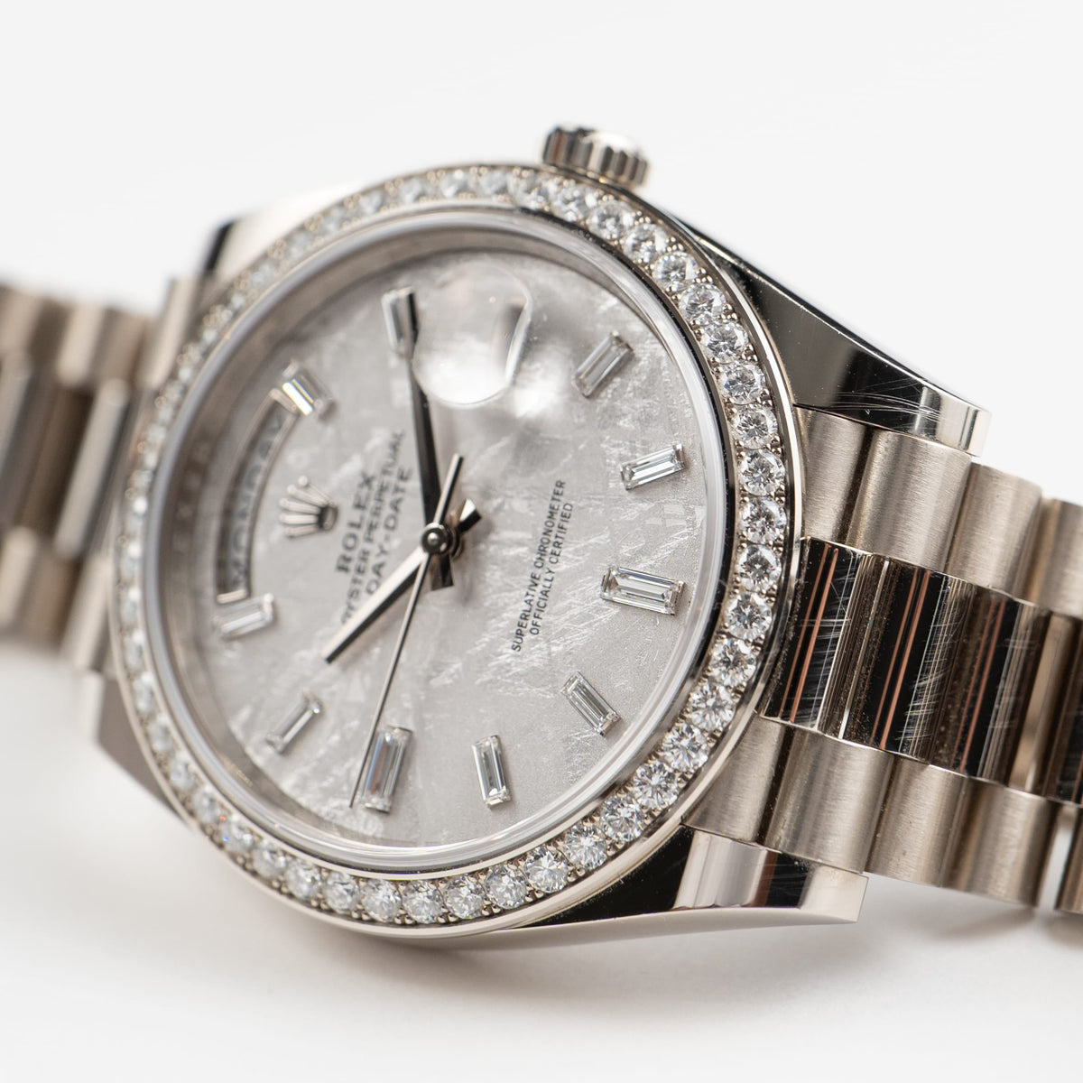 Rolex Day-Date 40 228349RBR White Gold Meteorite Diamond Baguette Dial Diamond Bezel (2022)