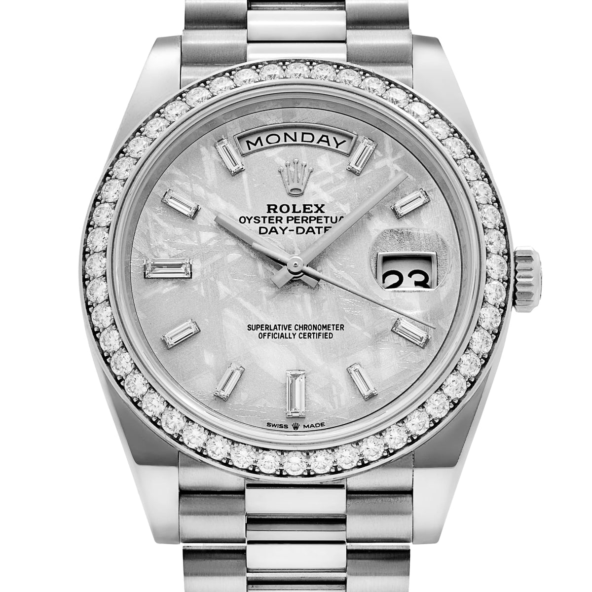 Rolex Day-Date 40 228349RBR White Gold Meteorite Diamond Baguette Dial Diamond Bezel (2022)
