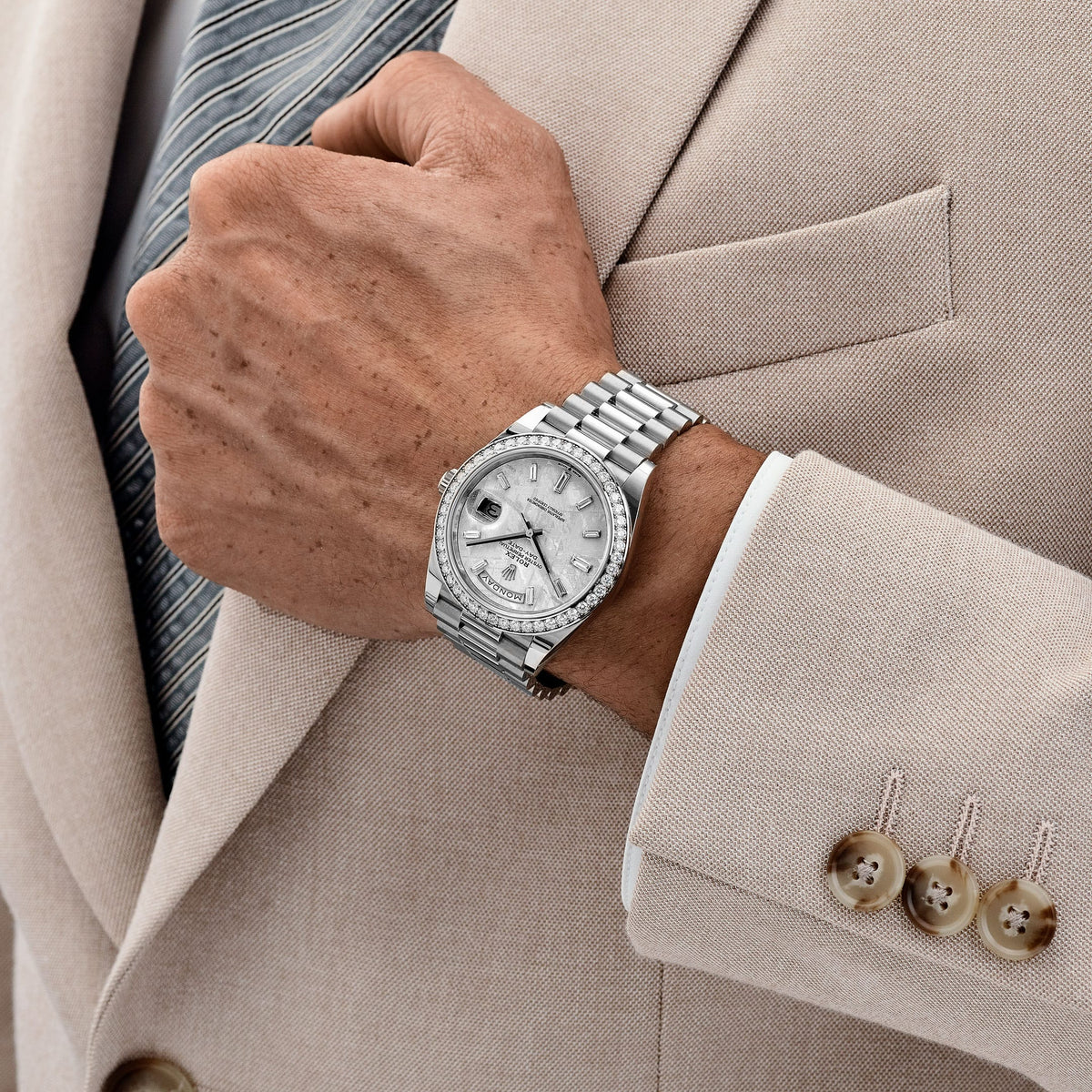 Rolex Day-Date 40 228349RBR White Gold Meteorite Diamond Baguette Dial Diamond Bezel (2022)