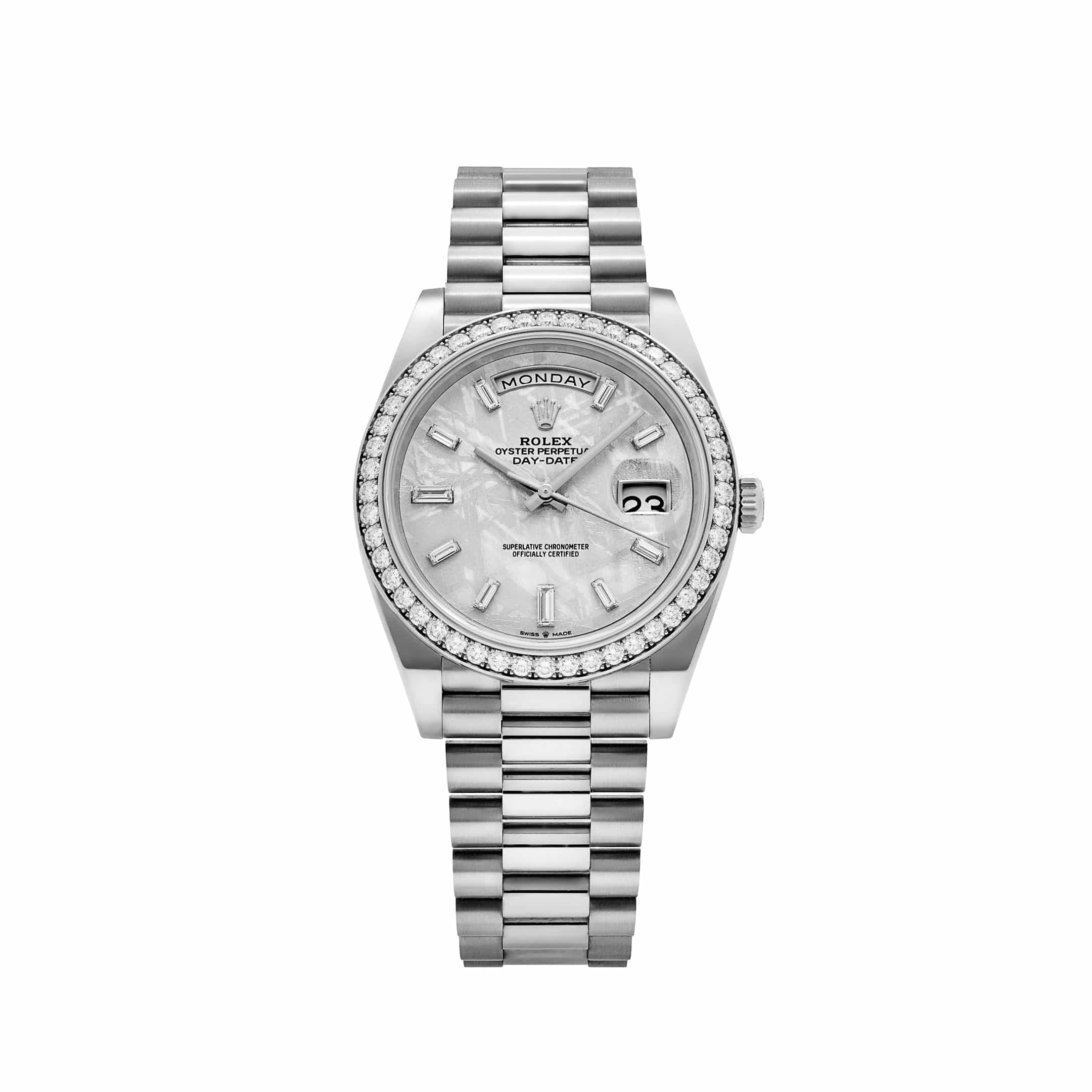 Rolex Day-Date 40 228349RBR White Gold Meteorite Diamond Baguette Dial Diamond Bezel (2022)