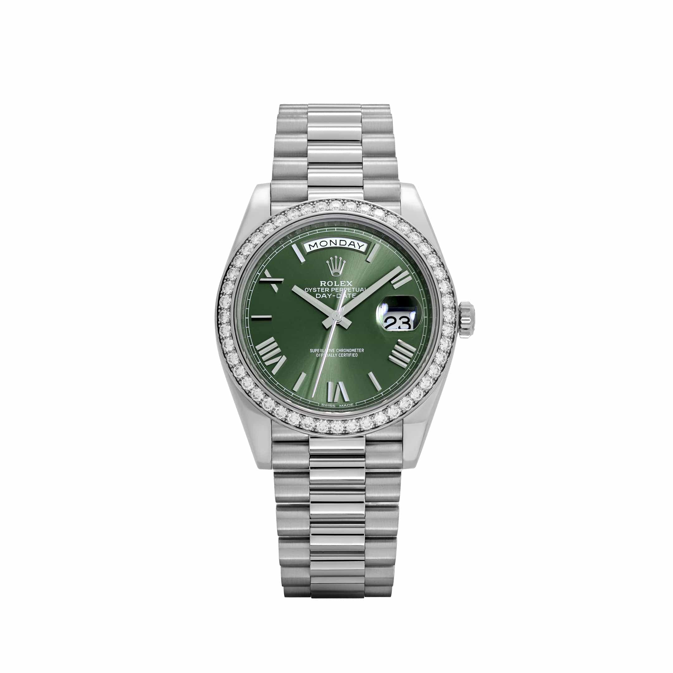 Rolex Day-Date 40 228349RBR White Gold Olive Green Dial Diamond Bezel (2021)