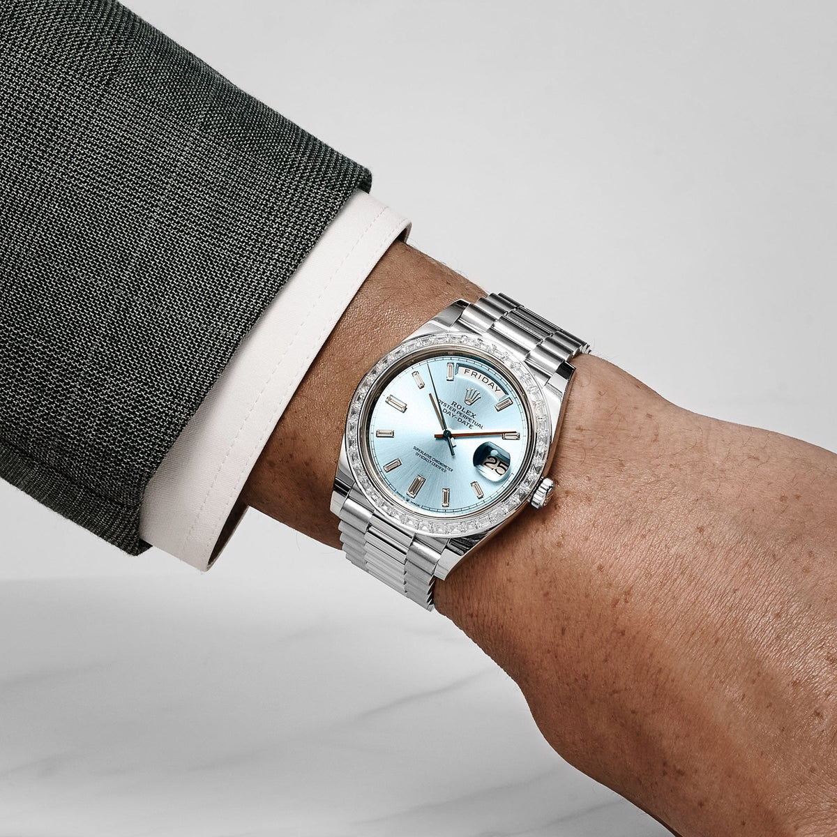 Rolex Day-Date 40 228396TBR Platinum Diamond Bezel Ice Blue Diamond Dial (2017)
