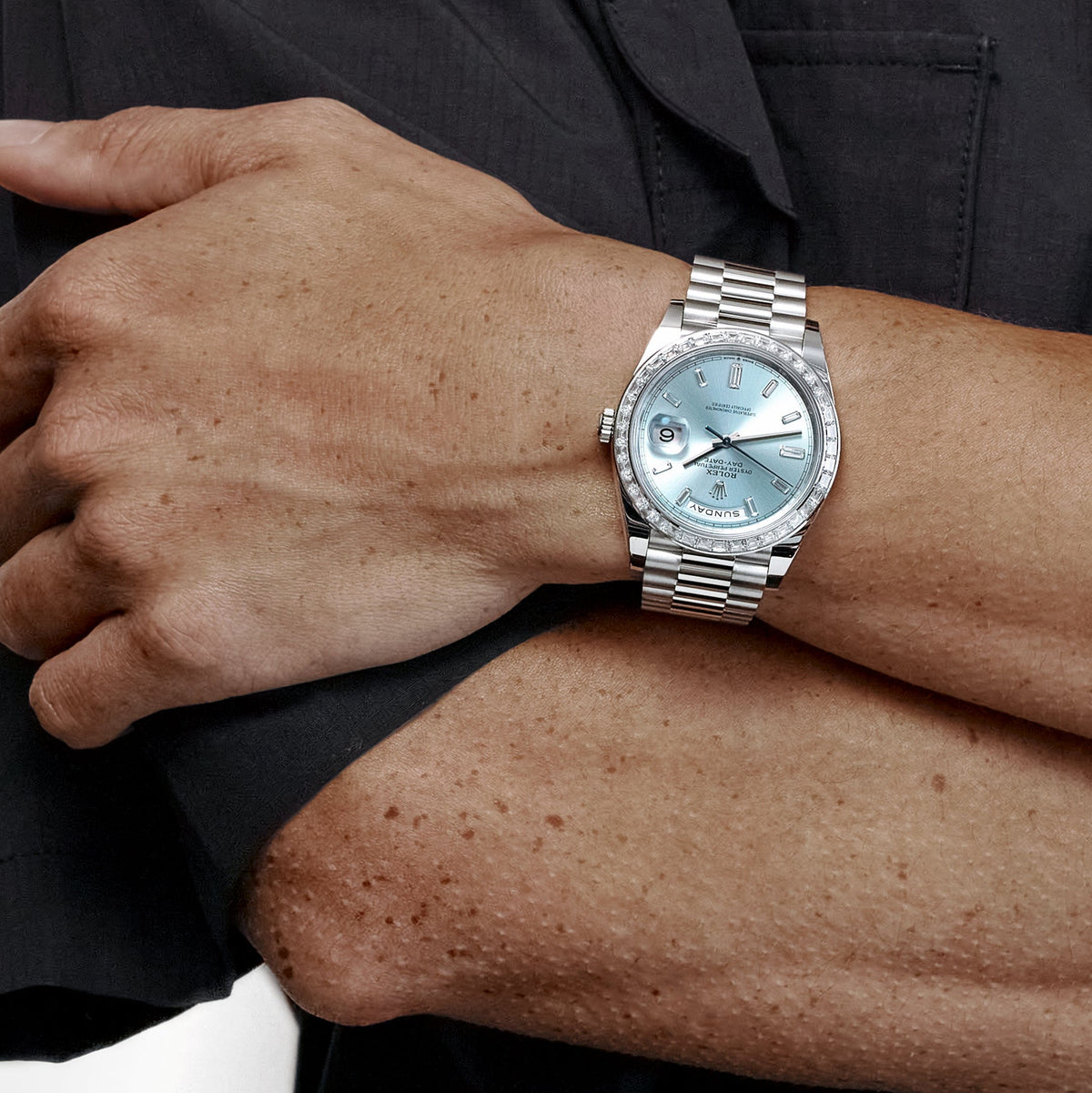 Rolex Day-Date 40 228396TBR Platinum Diamond Bezel Ice Blue Diamond Dial