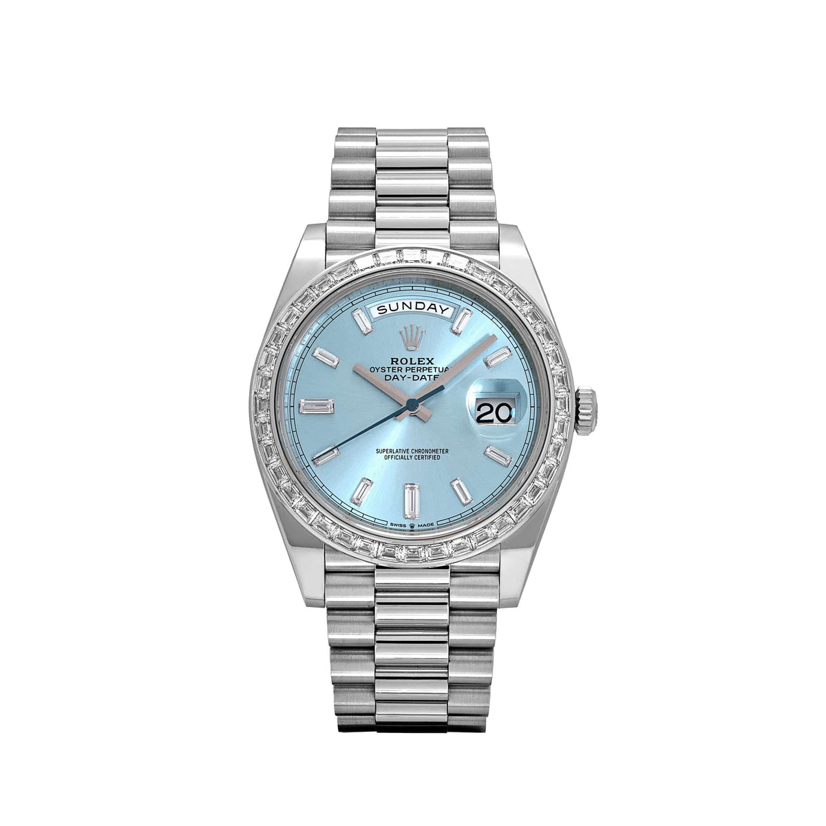 Rolex Day-Date 40 228396TBR Platinum Diamond Bezel Ice Blue Diamond Dial