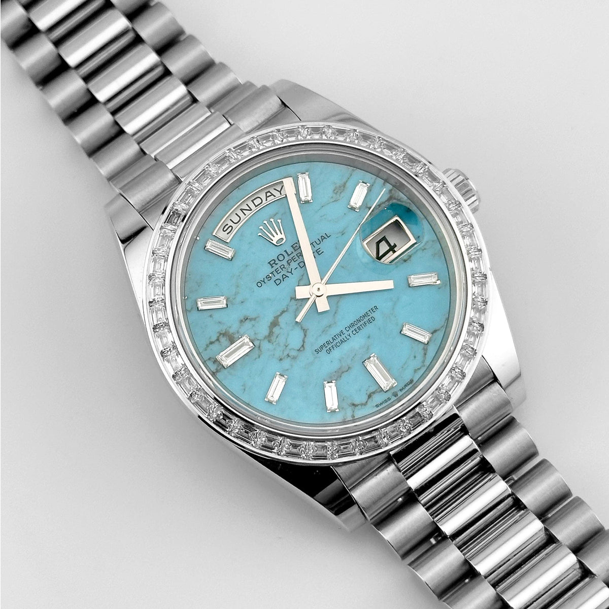 Rolex Day-Date 40 228396TBR Platinum Turquoise Stone Diamond Baguette Dial and Bezel