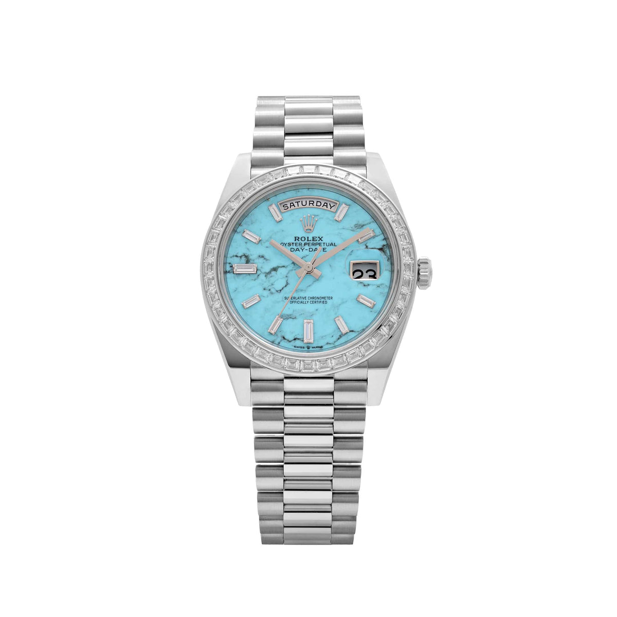 Rolex Day-Date 40 228396TBR Platinum Turquoise Stone Diamond Baguette Dial and Bezel