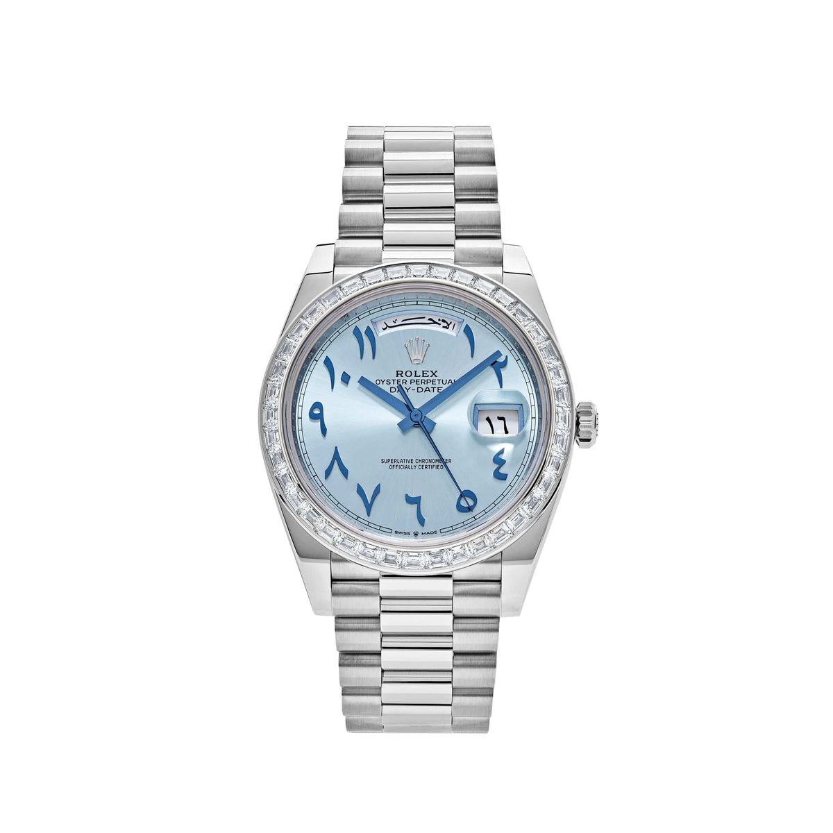 Rolex Day-Date 40 228396TBR Platinum Ice Blue Arabic Dial Diamond Bezel