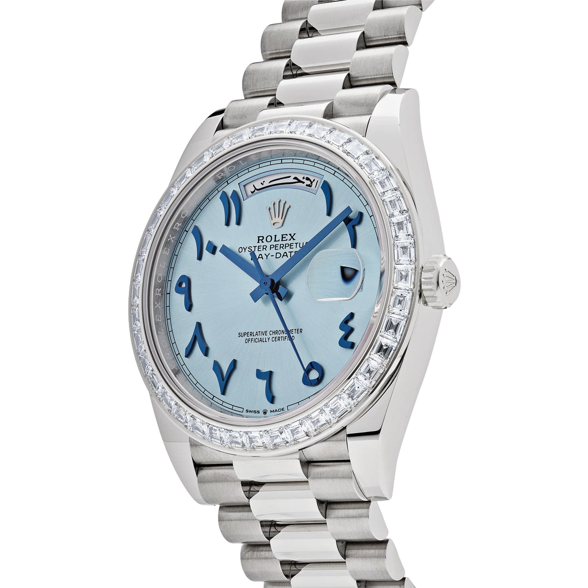 Rolex Day-Date 40 228396TBR Platinum Ice Blue Arabic Dial Diamond Bezel