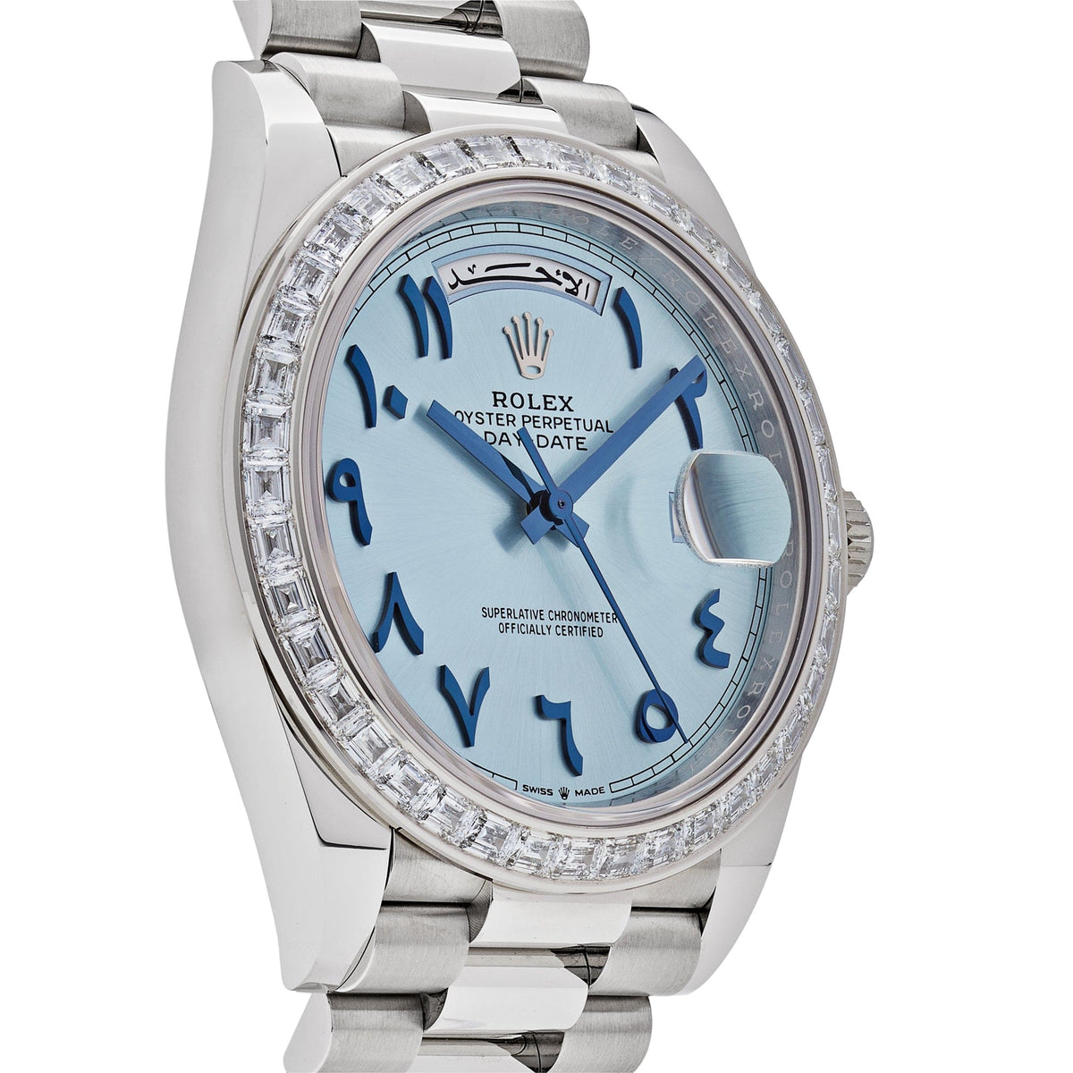 Rolex Day-Date 40 228396TBR Platinum Ice Blue Arabic Dial Diamond Bezel