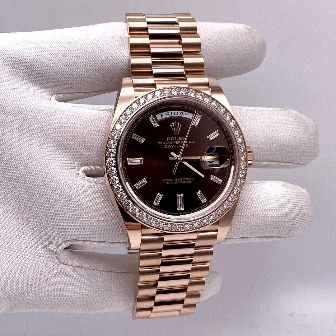 Rolex Day-Date 40 228345RBR Rose Gold Diamond Bezel Chocolate Dial