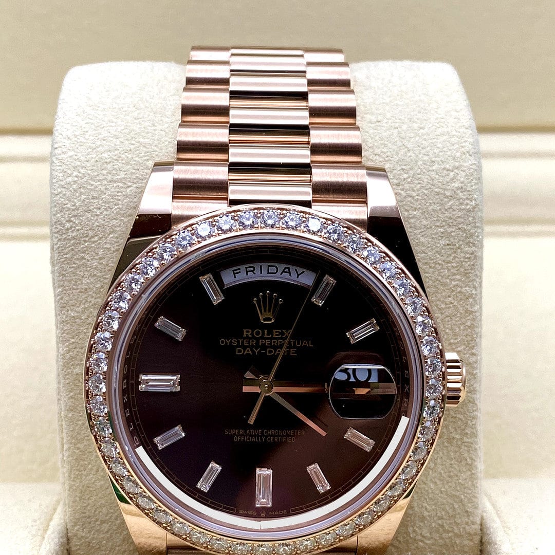 Rolex Day-Date 40 228345RBR Rose Gold Diamond Bezel Chocolate Dial
