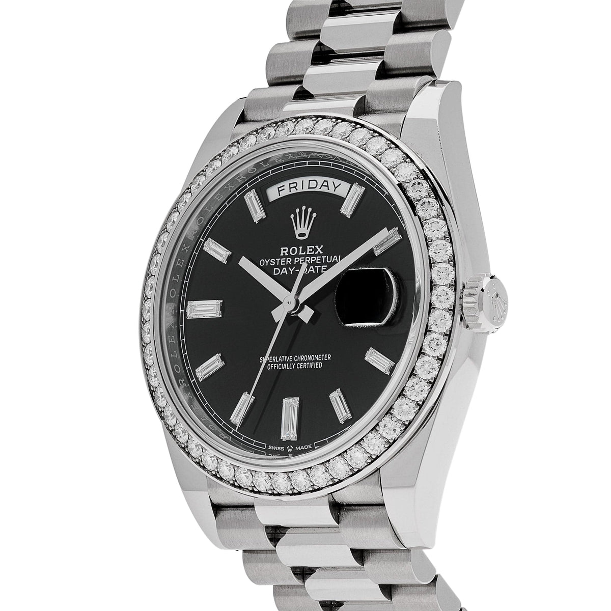 Rolex Day-Date 40 228349RBR White Gold Black Diamond Baguette Dial Diamond Bezel (2021)