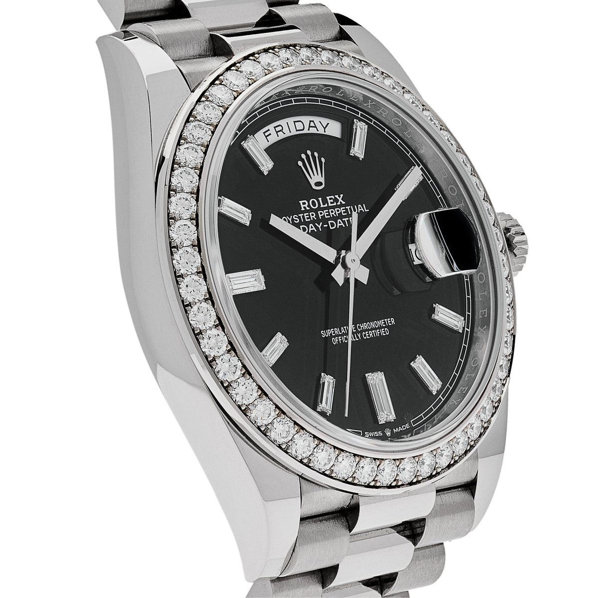 Rolex Day-Date 40 228349RBR White Gold Black Diamond Baguette Dial Diamond Bezel (2021)