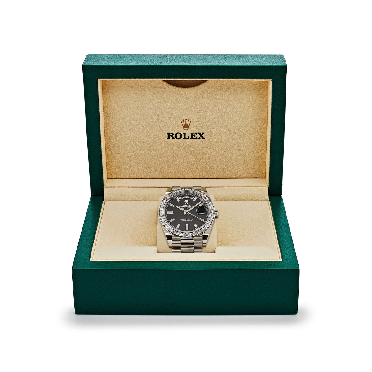 Rolex Day-Date 40 228349RBR White Gold Black Diamond Baguette Dial Diamond Bezel (2021)