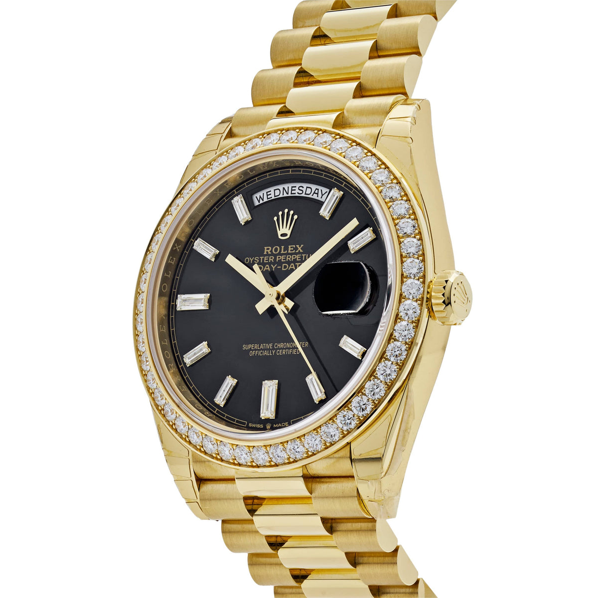 Rolex Day-Date 40 228348RBR Yellow Gold Black Diamond Dial Diamond Bezel