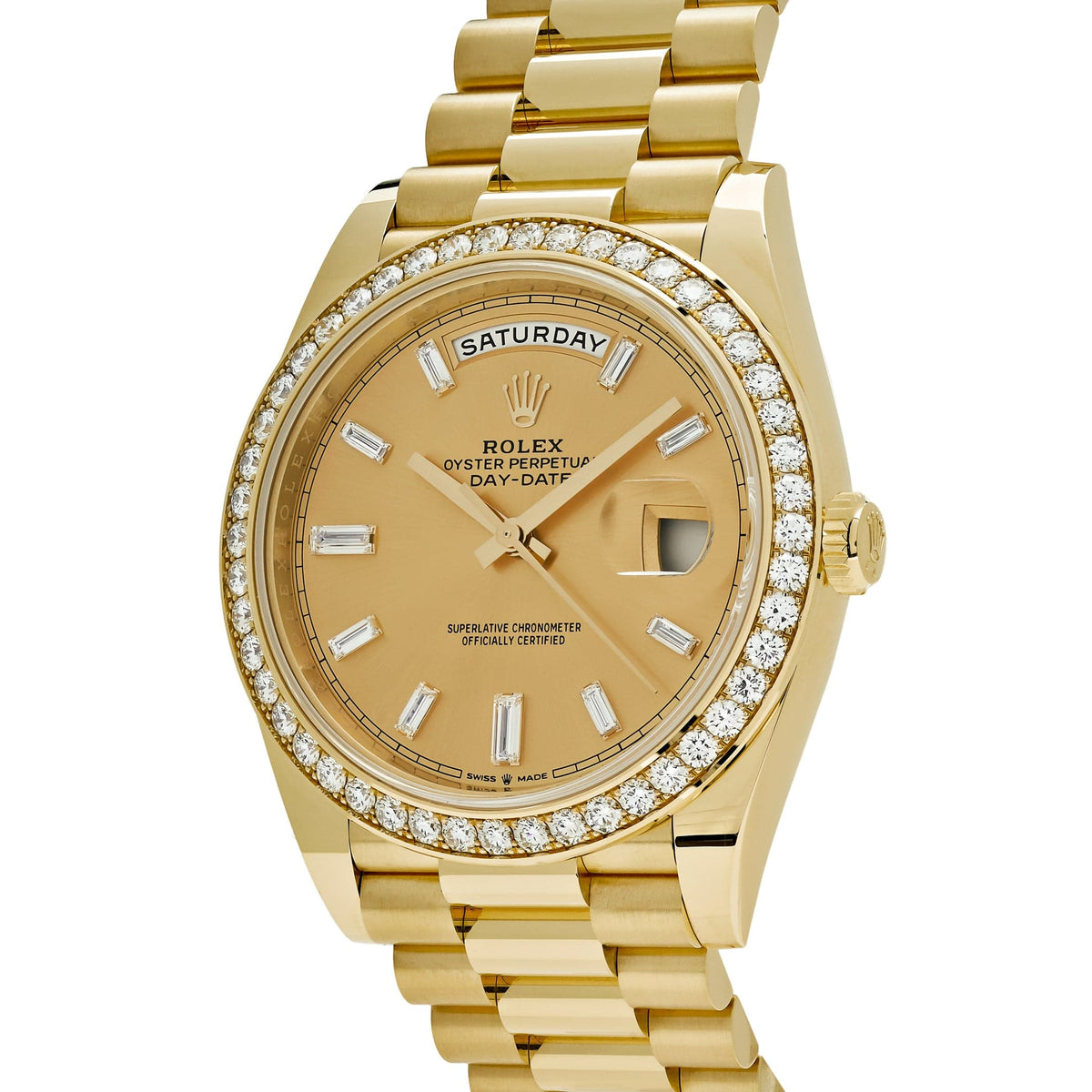 Rolex Day-Date 40 228348RBR Yellow Gold Champagne Diamond Baguette Dial Diamond Bezel (2021)