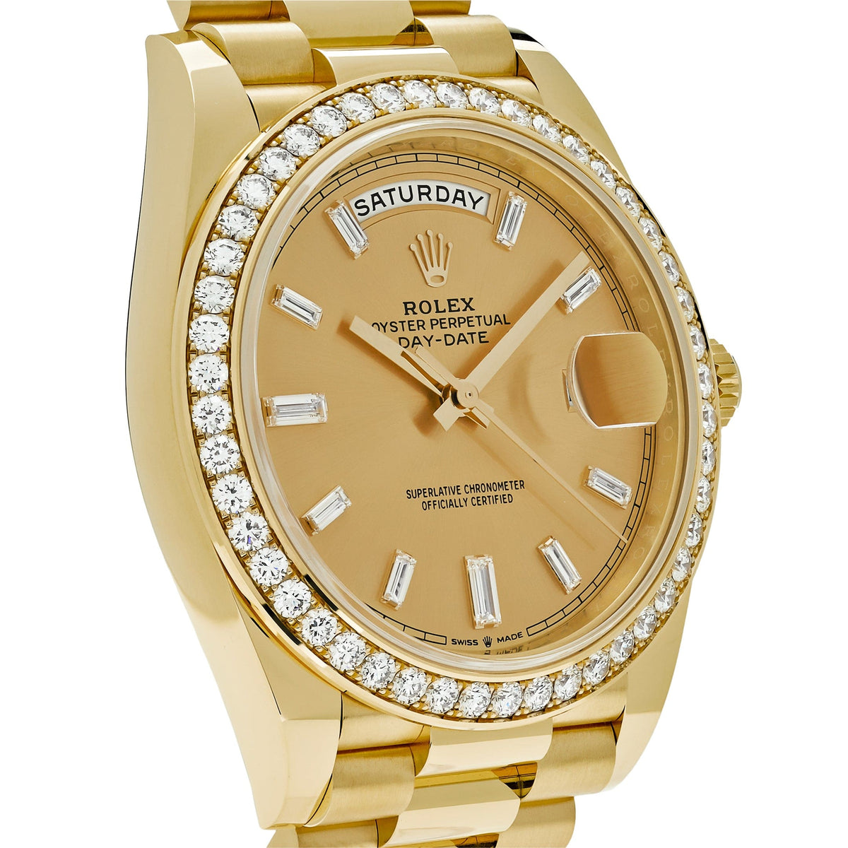 Rolex Day-Date 40 228348RBR Yellow Gold Champagne Diamond Baguette Dial Diamond Bezel (2021)
