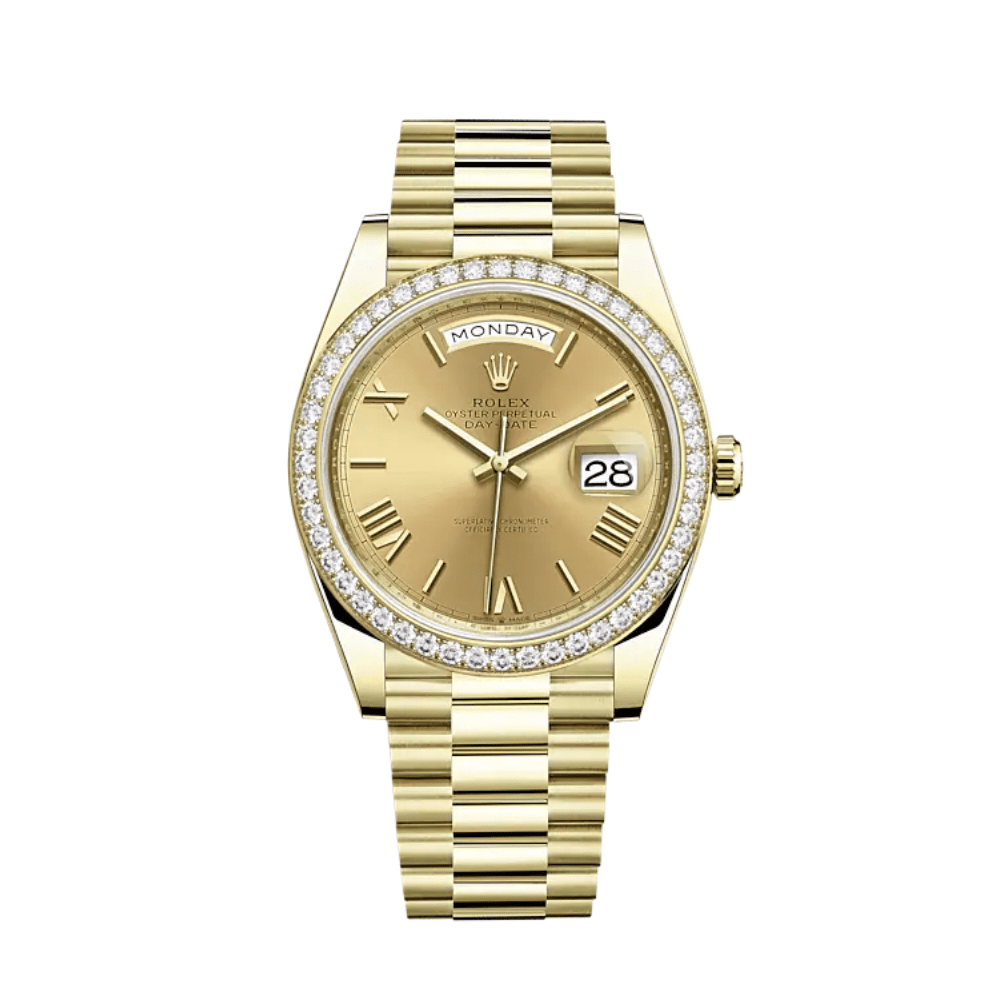 Rolex Day-Date 40 228348RBR Yellow Gold Diamond Bezel Champagne Roman Dial