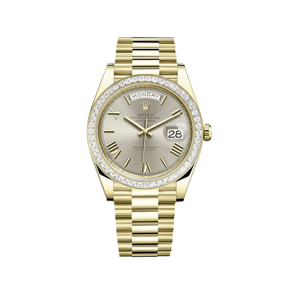 Rolex Day-Date 40 228398TBR Yellow Gold Diamond Bezel Silver Dial
