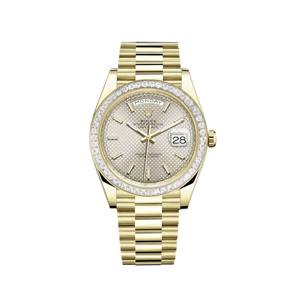 Rolex Day-Date 40 228398TBR Yellow Gold Diamond Bezel Silver Dial