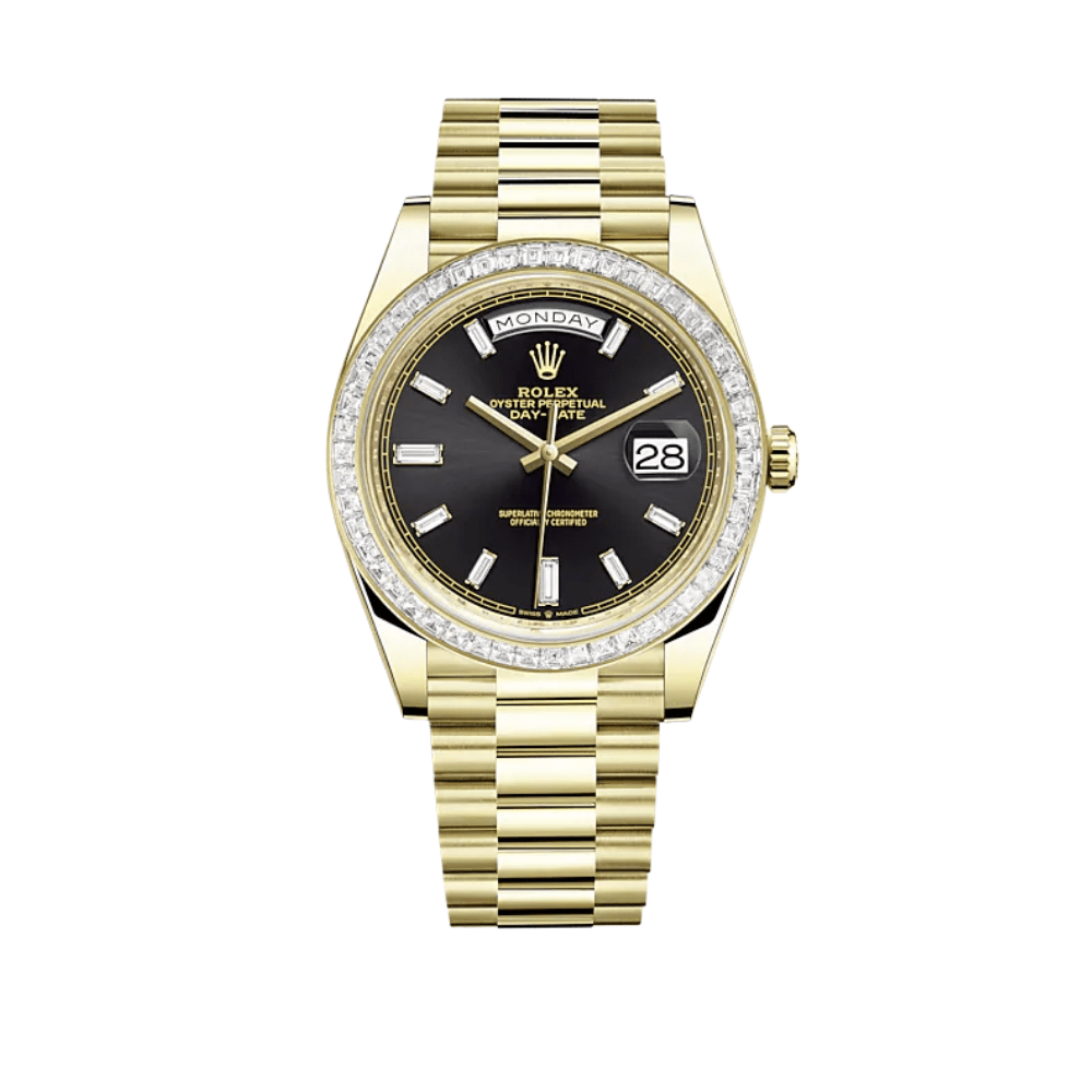 Rolex Day-Date 40 228398TBR Yellow Gold Diamond-Paved Bezel Black Diamond Dial