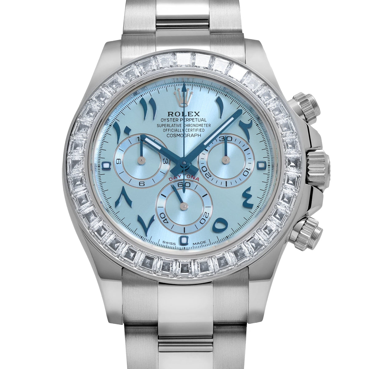 Rolex Daytona 116576TBR Platinum Ice Blue Arabic Dial Diamond Baguette Bezel