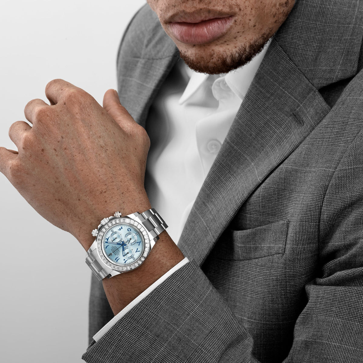 Rolex Daytona 116576TBR Platinum Ice Blue Arabic Dial Diamond Baguette Bezel