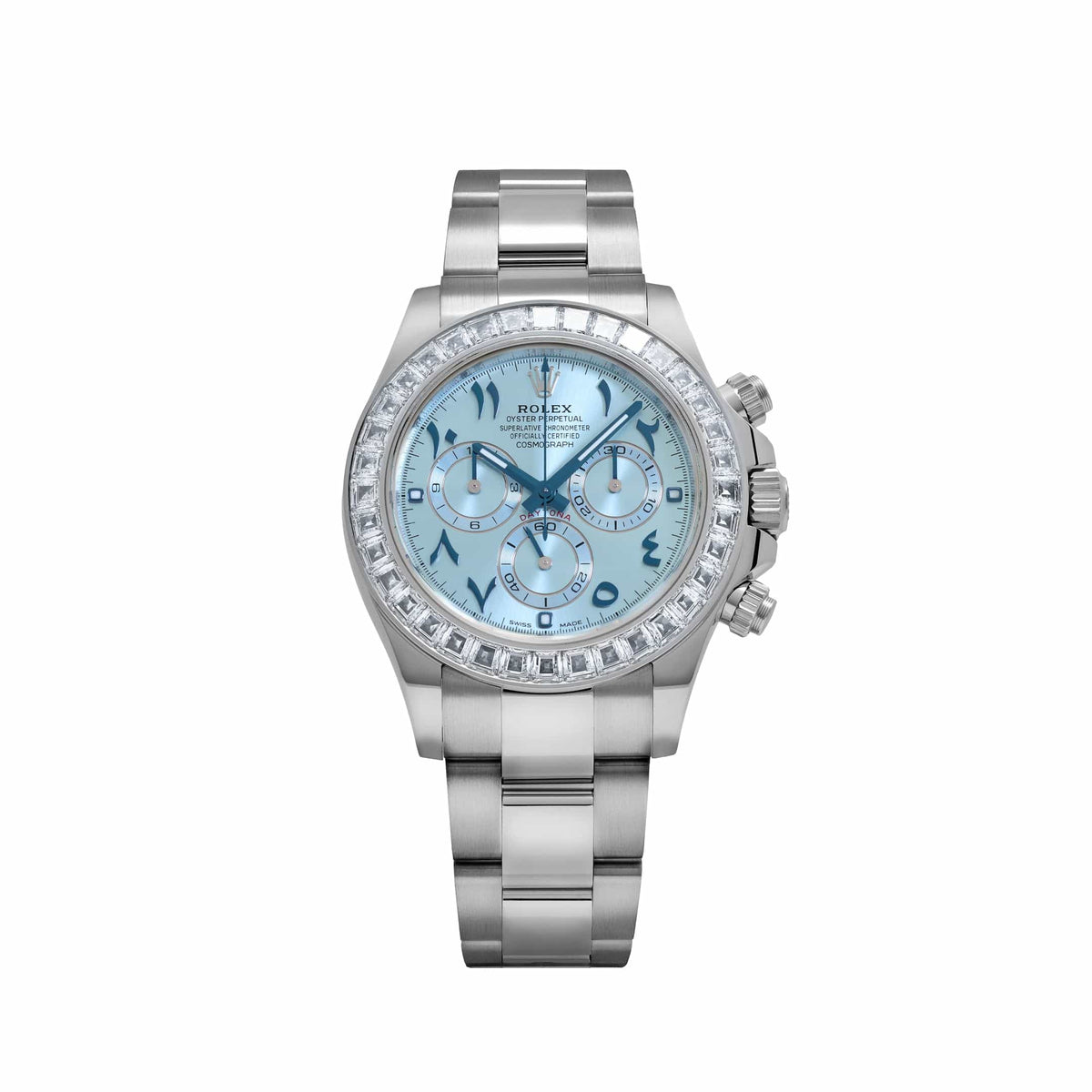 Rolex Daytona 116576TBR Platinum Ice Blue Arabic Dial Diamond Baguette Bezel