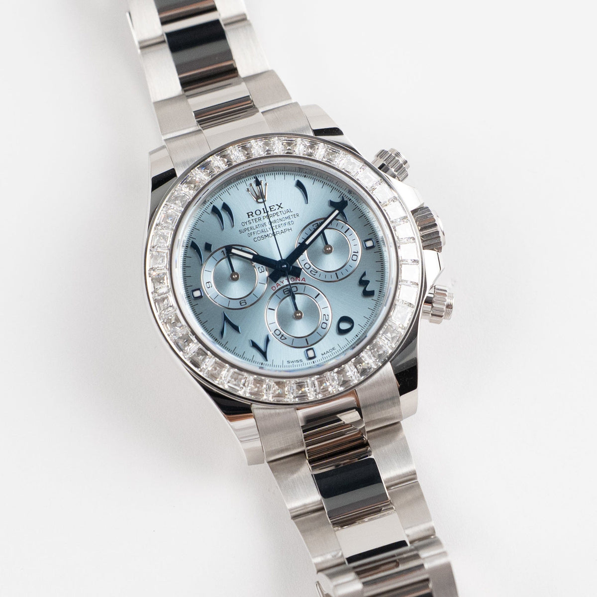 Rolex Daytona 116576TBR Platinum Ice Blue Arabic Dial Diamond Baguette Bezel