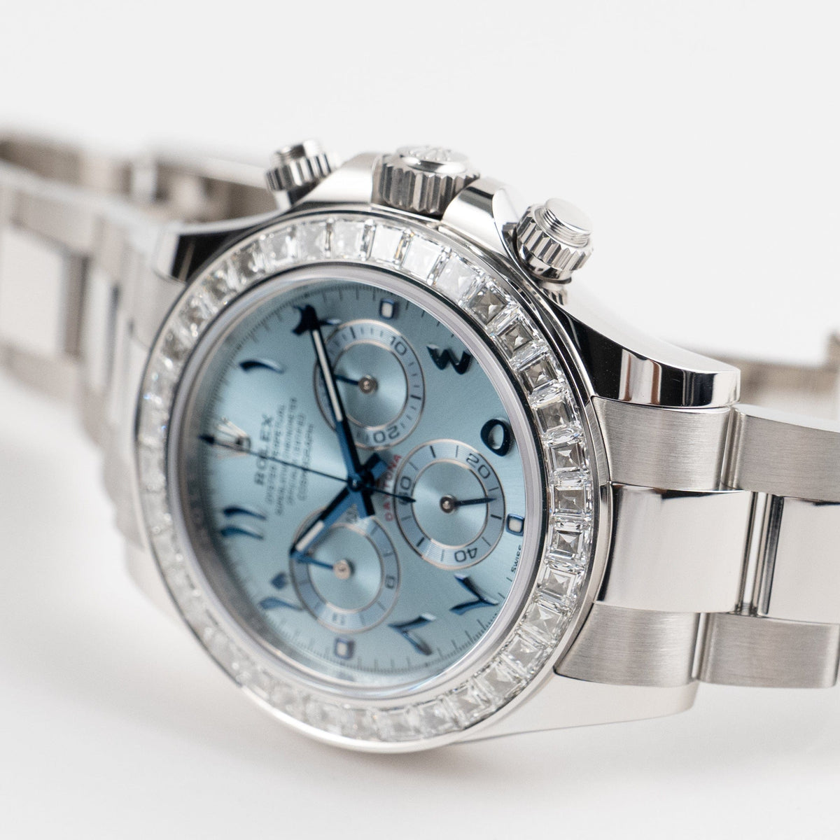 Rolex Daytona 116576TBR Platinum Ice Blue Arabic Dial Diamond Baguette Bezel