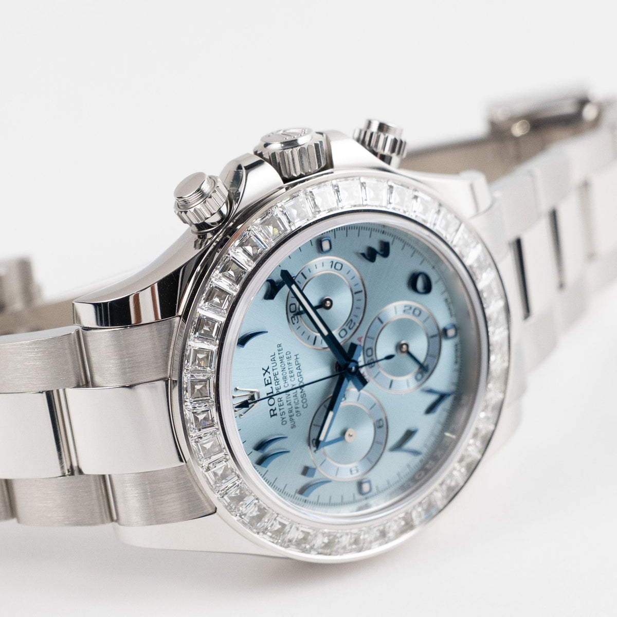 Rolex Daytona 116576TBR Platinum Ice Blue Arabic Dial Diamond Baguette Bezel
