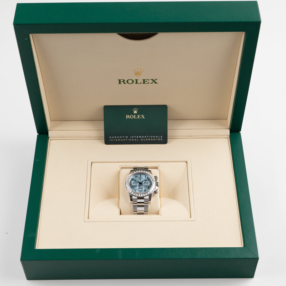 Rolex Daytona 116576TBR Platinum Ice Blue Arabic Dial Diamond Baguette Bezel