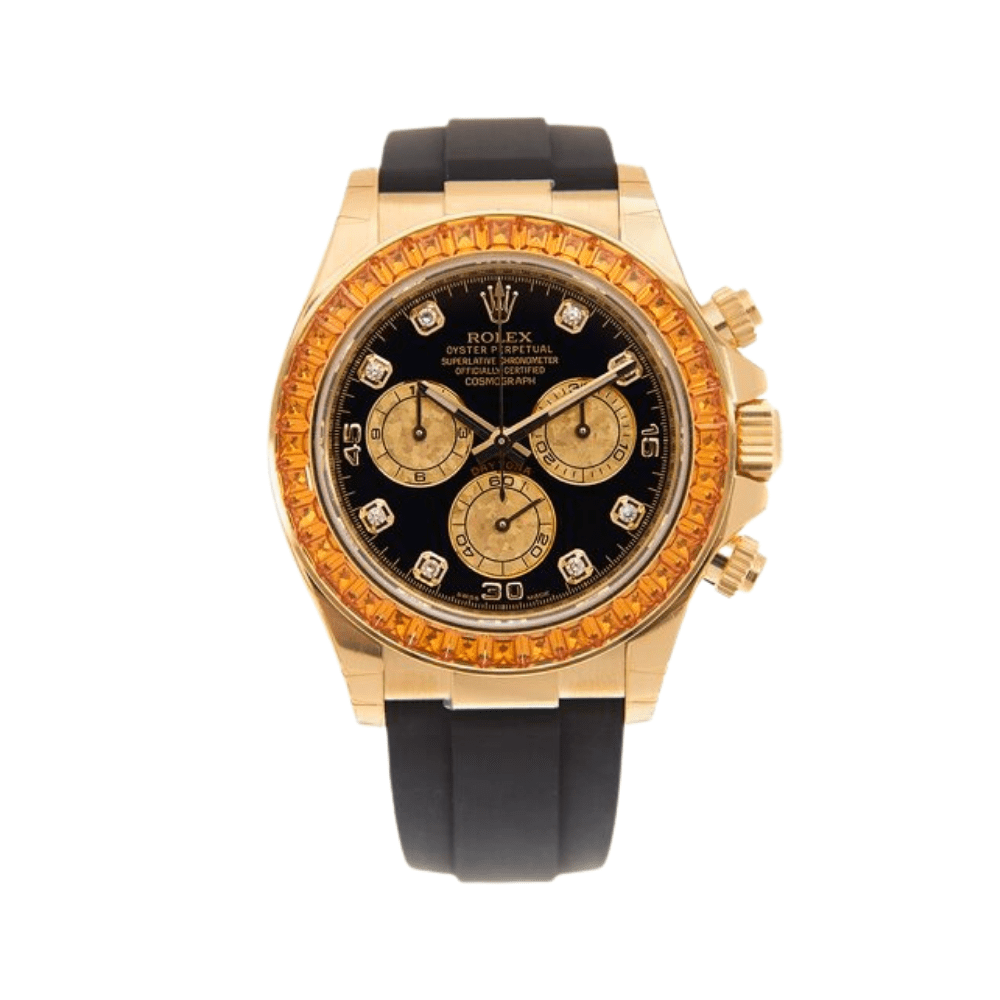 Rolex Daytona 116588SACO Yellow Gold Orange Sapphire Bezel Black Diamond Dial