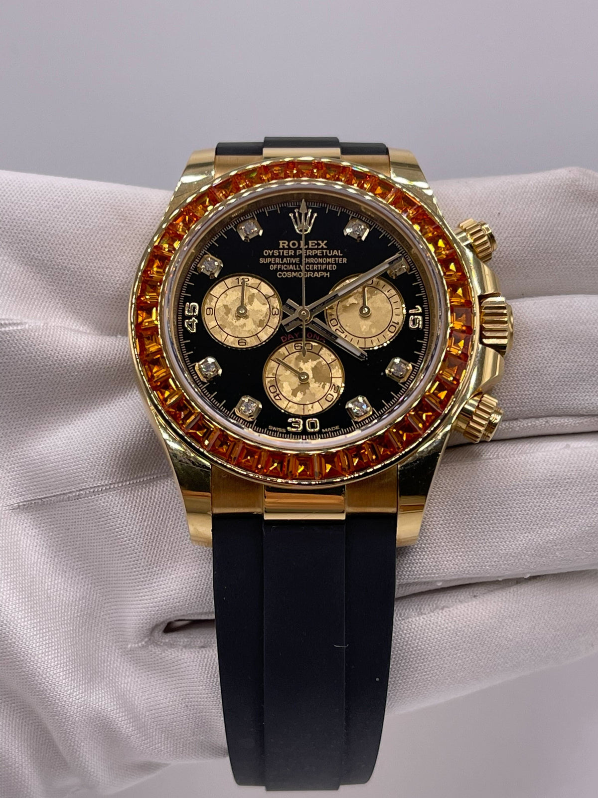 Rolex Daytona 116588SACO Yellow Gold Orange Sapphire Bezel Black Diamond Dial