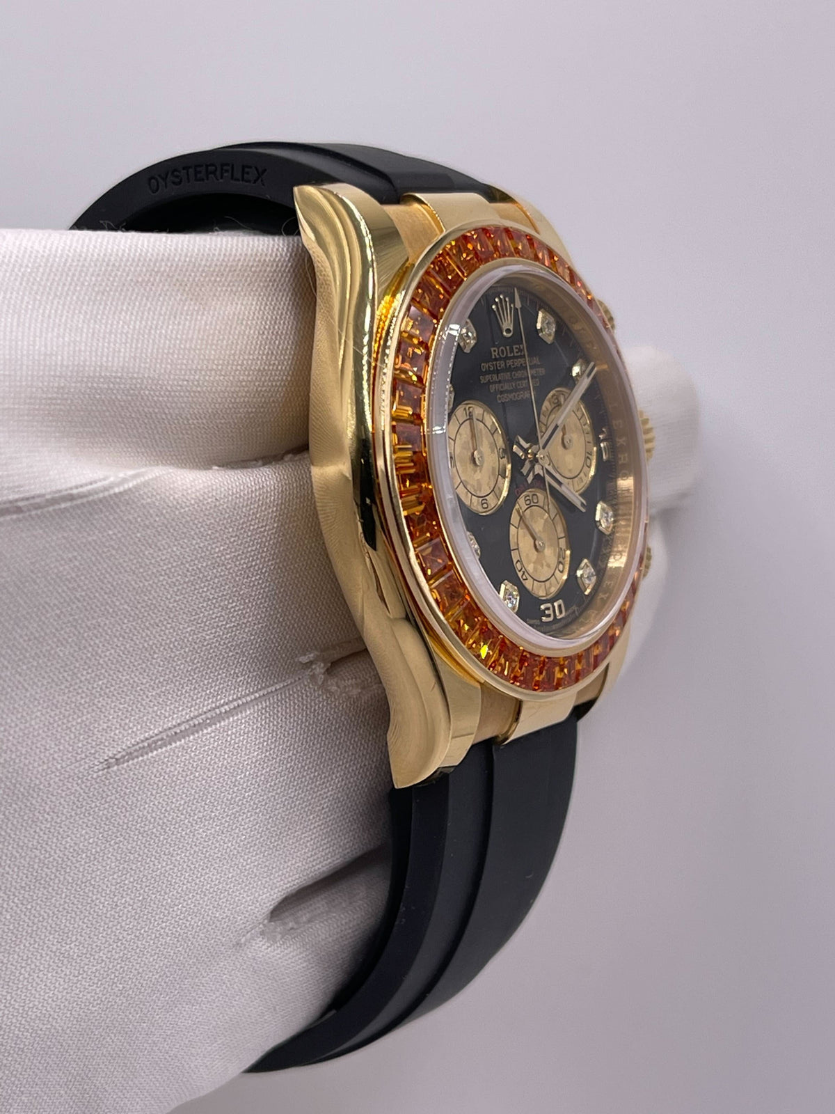 Rolex Daytona 116588SACO Yellow Gold Orange Sapphire Bezel Black Diamond Dial