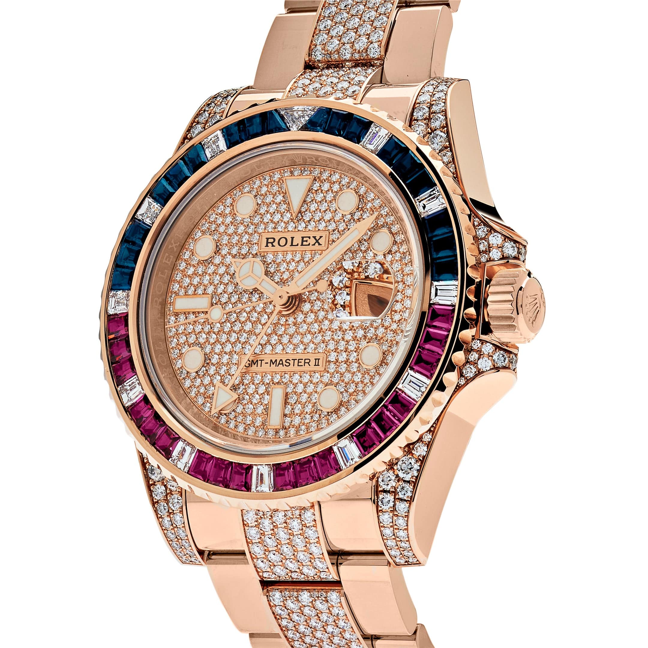 Rolex GMT-Master II 126755SARU Rose Gold Sapphire and Ruby Diamond Pave