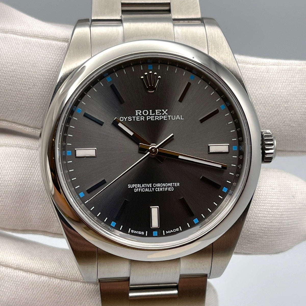 Rolex Oyster Perpetual 39 114300 Stainless Steel Rhodium Slate Grey Stick Dial
