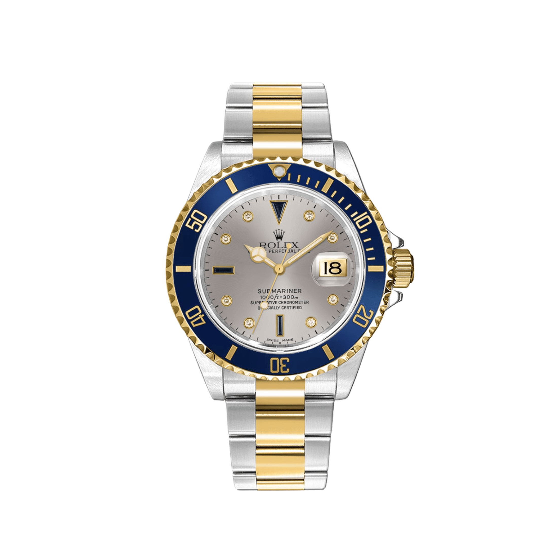 Rolex Submariner 16613 Stainless Steel Yellow Gold Serti Slate Diamond Sapphire Dial