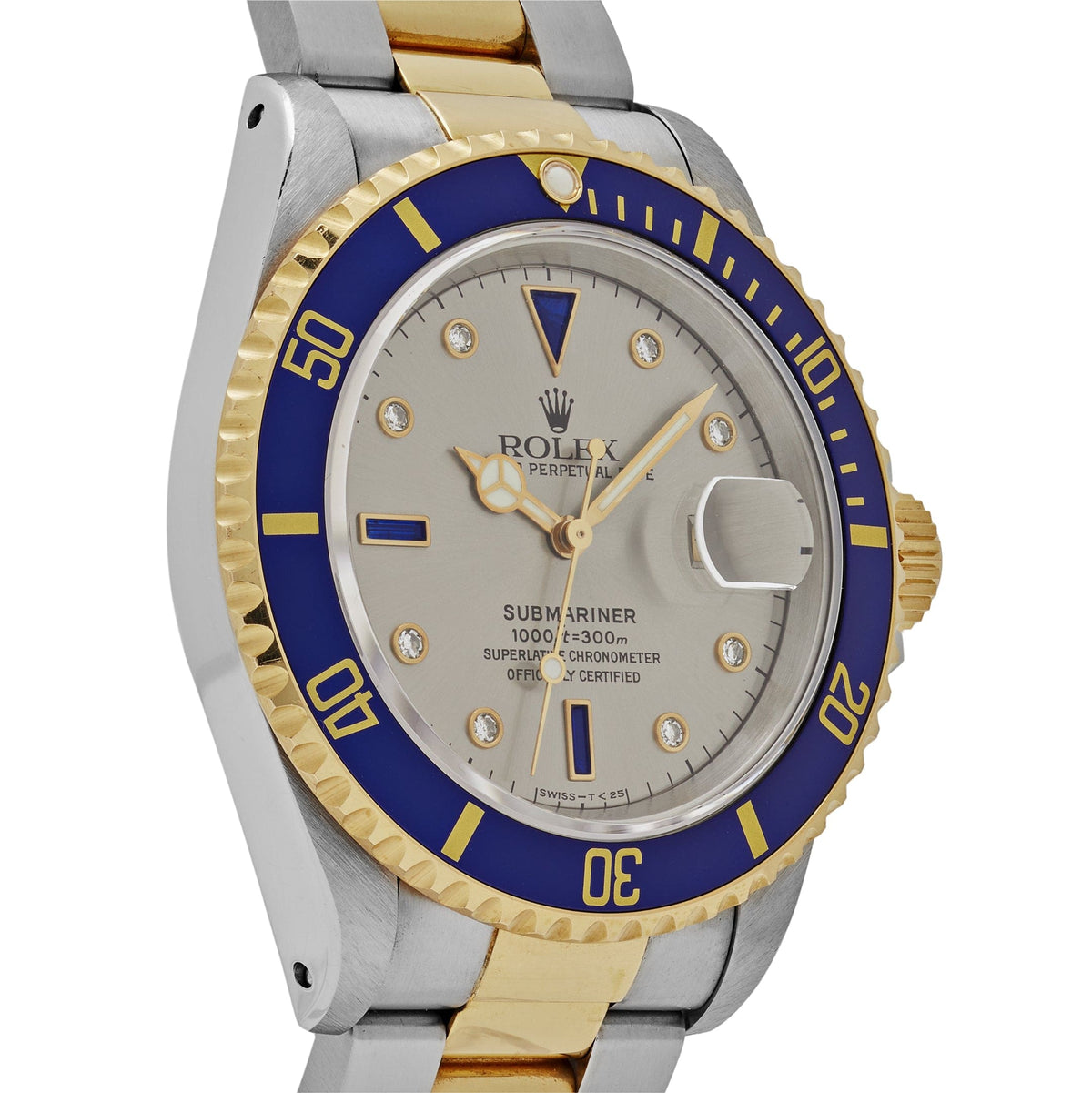 Rolex Submariner 16613 Stainless Steel Yellow Gold Serti Slate Diamond Sapphire Dial