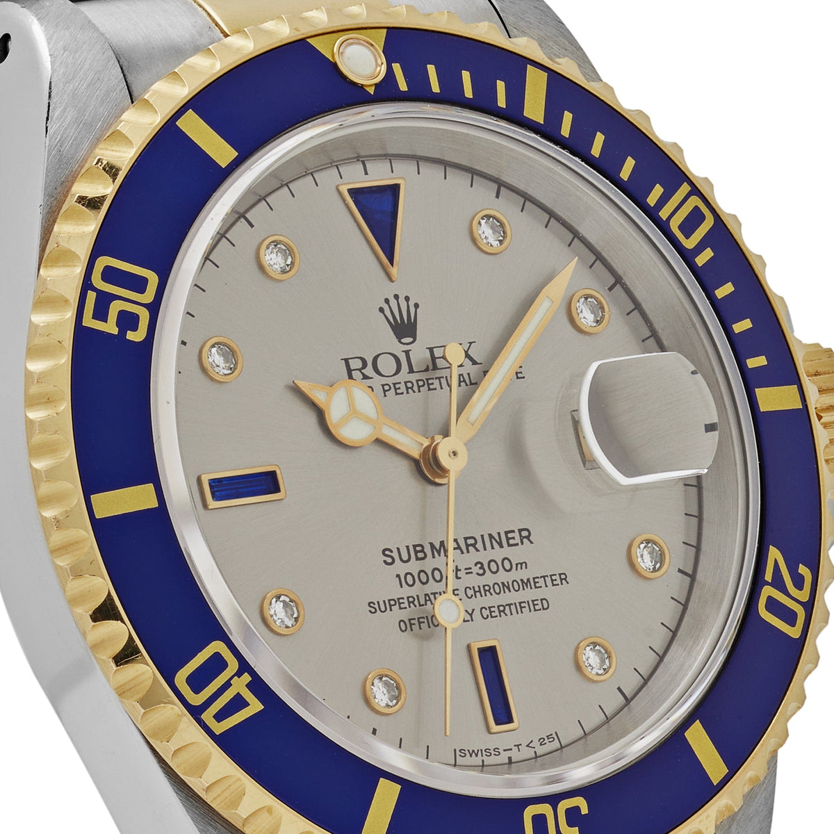 Rolex Submariner 16613 Stainless Steel Yellow Gold Serti Slate Diamond Sapphire Dial