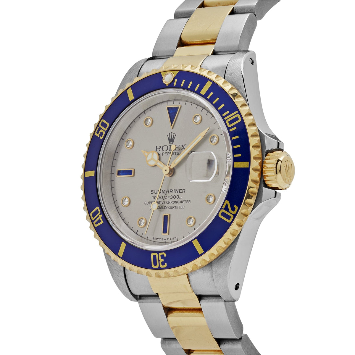 Rolex Submariner 16613 Stainless Steel Yellow Gold Serti Slate Diamond Sapphire Dial